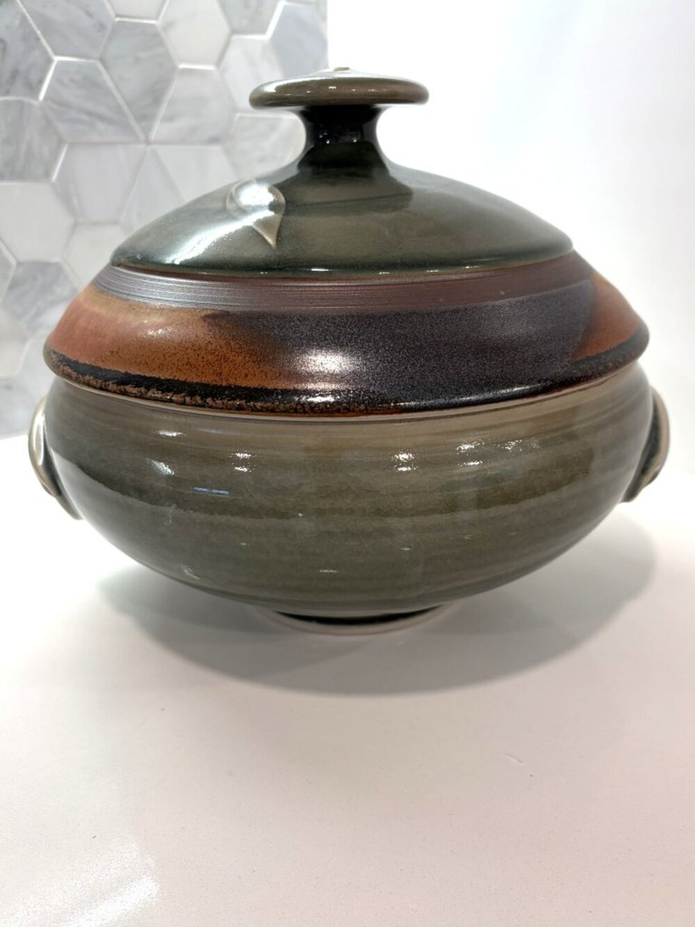 Handmade Studio Ceramic Soup Tureen in Green and Brown